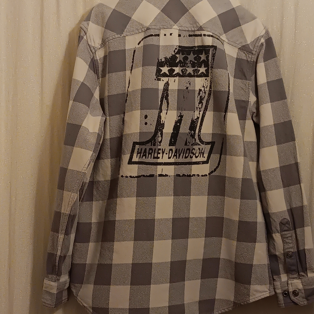 HARLEY DAVIDSON Grey Plaid Snap On Button Long Sleeve Shirt Mens SZ L - Picture 5 of 5
